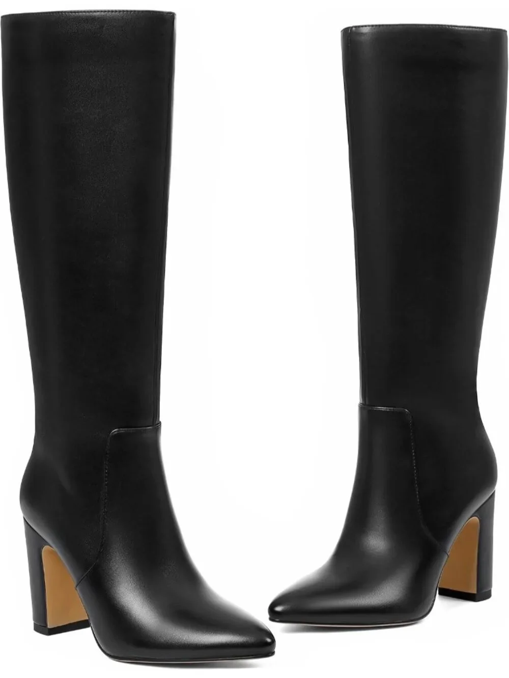 Women's Black Pu Chunky Heel Pointed Toe Wide Calf Side Zipper Knee High Boots